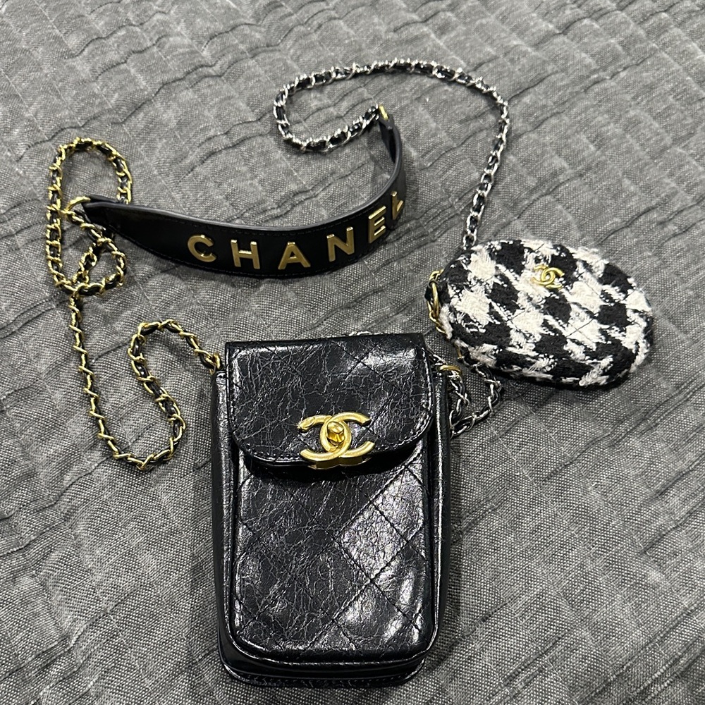 Chanel Black Quilted Leather Pouch with Gold Chain